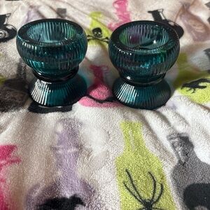 Source Unknown Teal Glass Candle Holders
